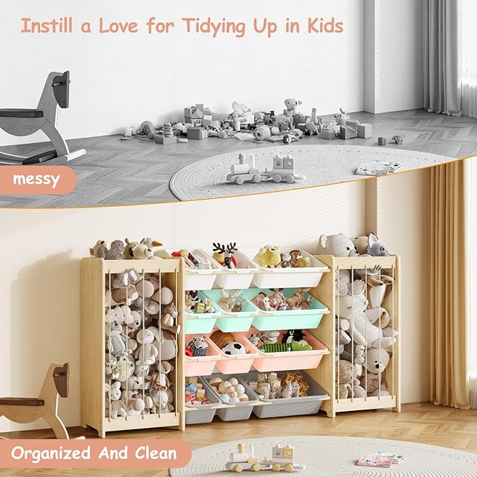 Large Toy Storage Organizer, Wooden Stuffed Animal Storage & 12-Bins Toy Organizer, Double-Sided Plush Toy Holder Featuring Thicker Ropes, Space Save Playroom Bedroom Nursery Storage, Multi