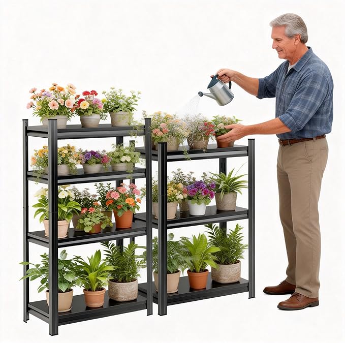 Plant Stand Indoor Outdoor,Metal Adjustable,4-Tier Plant Shelf,Accommodates Multiple Pots,Plant Shelves Suitable for Living Rooms,Gardens,Balconies (Black, 54.3H x31.5Wx 15.7D)