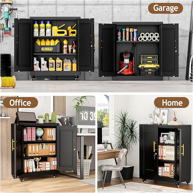 35" Metal Storage Cabinet with Lock and Wheels, Lockable Office File Cabinet with 2 Doors and 2 Adjustable Shelves, Rolling Steel Tool Garage Cabinets for Home Office (Black)