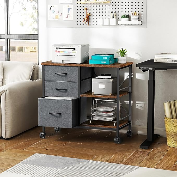 DUMOS 3-Tier Mobile File Cabinet, Printer Stand with Storage, Office Table with Drawers and Back Support Bar, Holds 110lb for Home Office, Rustic Brown