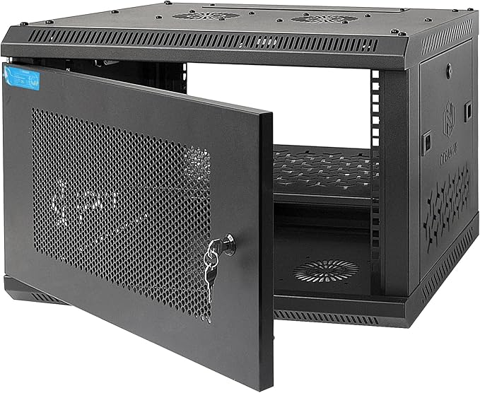 6U Wall Mount Server Cabinet with A Lockable Front Vented Door, Cooling Fans, Removable Side Panels - 60cm Depth, 19" Network Rack Including Full-Size Rack Shelf for IT Equipment