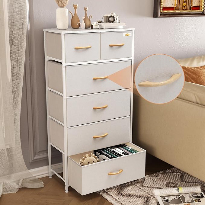 Fabric Dresser for Bedroom, Tall Skinny Dresser with 6 Drawers, Storage Organizer Tower, Steel Frame Wooden Top for Closet, Living Room, Hallway(Beige)