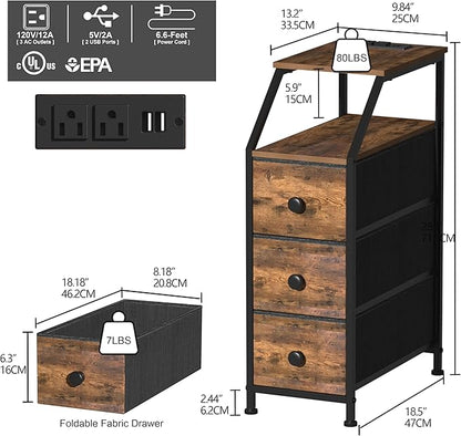 Tohomeor Narrow Dresser Tall Skinny Storage Tower Vertical Slim Chest of Drawers with Charging Station Small Nightstand Side Table for Bedroom, Bathroom, Small Spaces (Rustic Brown, 3 Drawers)