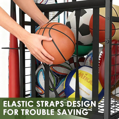 Sports Equipment Garage Organizer,Garage Ball Storage Rack with Elastic Straps,Small Rolling Ball Holder Cart with Wheels for Sports Gear,Indoor/Outdoor Toy Storage with Hooks and Baskets,BK