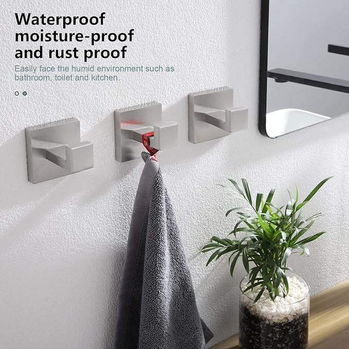 KOKOSIRI Bath Towel Hook Wall Mount Square Robe Hook Coat Hook Bathroom Kitchen Garage Heavy Duty SUS 304 Stainless Steel 3 Pack Brushed Nickel B1010BR-P3