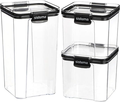 Sistema Tritan Ultra Airtight Pantry Storage Containers, 3-Pack, BPA-Free, Stackable, Clear with Locking Clips