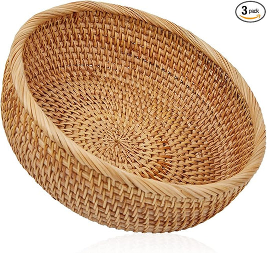 Natural Rattan Round Fruit Basket Bowls, Hand Woven Decor Serving Baskets, Wicker Storage for Dinning Room (Round-Medium)＜8.8''(D) X2.9(H)＞