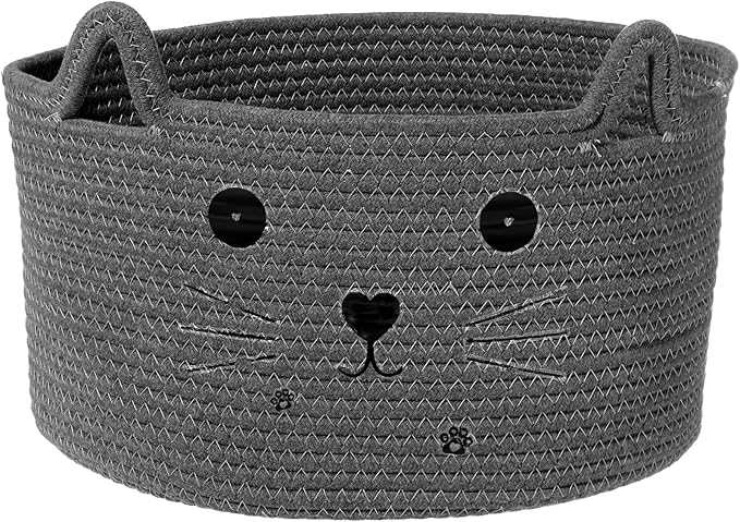 Zopeal Cat Basket Storage Woven Organizer with Ears Easter Decorative Gift Pet Toy Cute Cotton Rope Basket for Gift Cat Dog Toy Bin Nursery Room(13.7 x 7.8 Inch,Dark Grey)