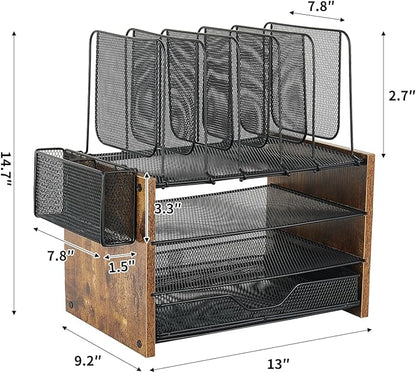 OPNICE Desk Organizer, 4-Tier Desktop File Organizer with Drawer and 2 Pen Holders, Office Desk Accessories, Workspace Organizers for Office Supplies(Brown Wood)