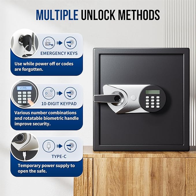 BlackSmith Biometric Safe Box 1.5 Cub Home Security Safe Fingerprint Recognition Money Safe with Keys Keypad Lock Box Secure Jewelry Valuables with Dual Alarm System Fireproof Bag, Black