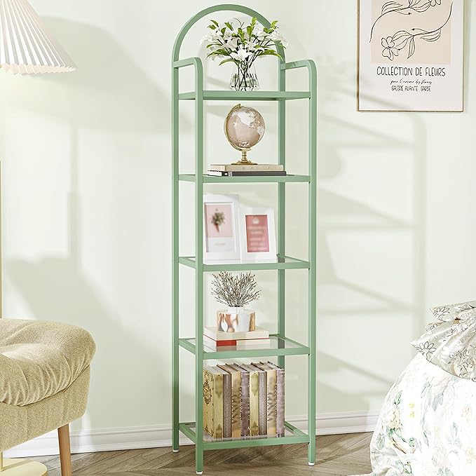 Bookcase Bookshelf, Tempered Glass Bookshelves, Slim Shelving Unit for Bedroom, Bathroom, Home Office, Steel Frame, 5 Tier Green BC05099C