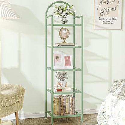 Bookcase Bookshelf, Tempered Glass Bookshelves, Slim Shelving Unit for Bedroom, Bathroom, Home Office, Steel Frame, 5 Tier Green BC05099C