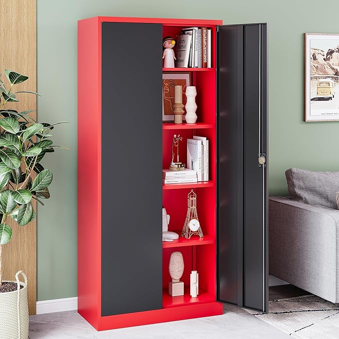 Metal Garage Cabinet,71" Lockable Storage Cabinet with 2 Doors and 5 Adjustable Shelves,Tall Steel Cabinets for Garage,Home Office,Basement,School,Hospital(Black & Red)