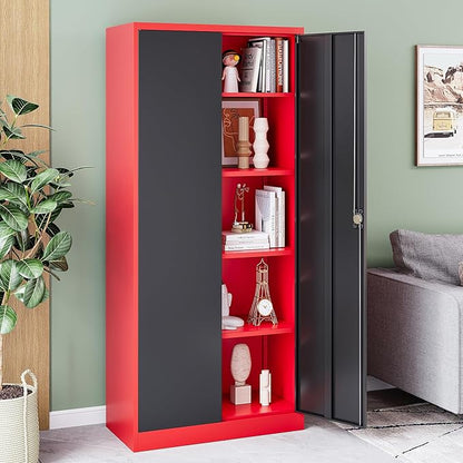 72 Inch Metal Cabinet,Lockable Storage Cabinet with 2 Doors and 4 Adjustbale Shelves,Tall Tool Cabinet Cabinet for Garage,Basement,Home Office,Gym(Red & Black)