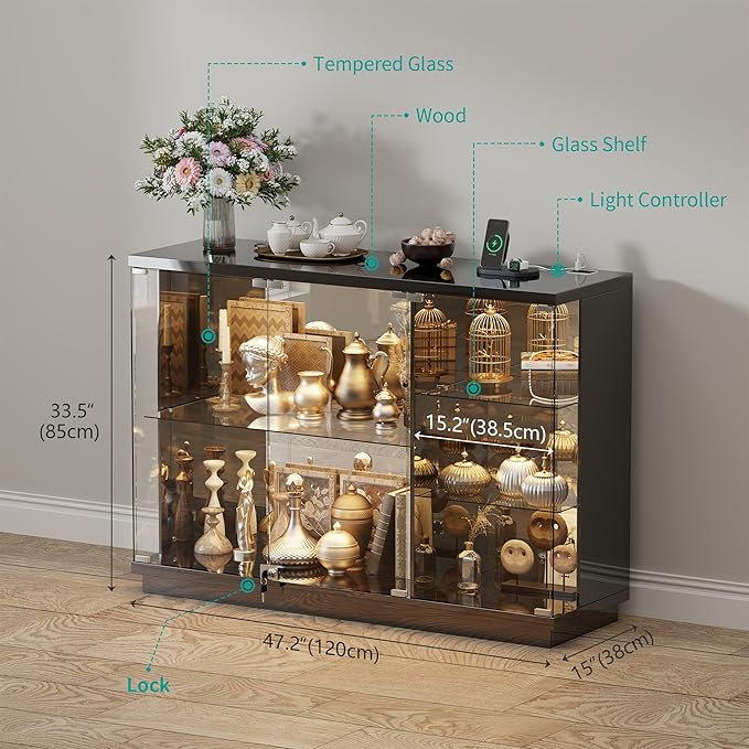 HNEBC Lockable Display Curio Cabinet with Glass Door,47.2" W Glass Display Cabinet with 3 Color Lights for Collectibles,5-Tier Lighted Display Case with Human Sensor,Living Room,Black