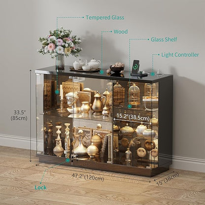 HNEBC Lockable Display Curio Cabinet with Glass Door,47.2" W Glass Display Cabinet with 3 Color Lights for Collectibles,5-Tier Lighted Display Case with Human Sensor,Living Room,Black