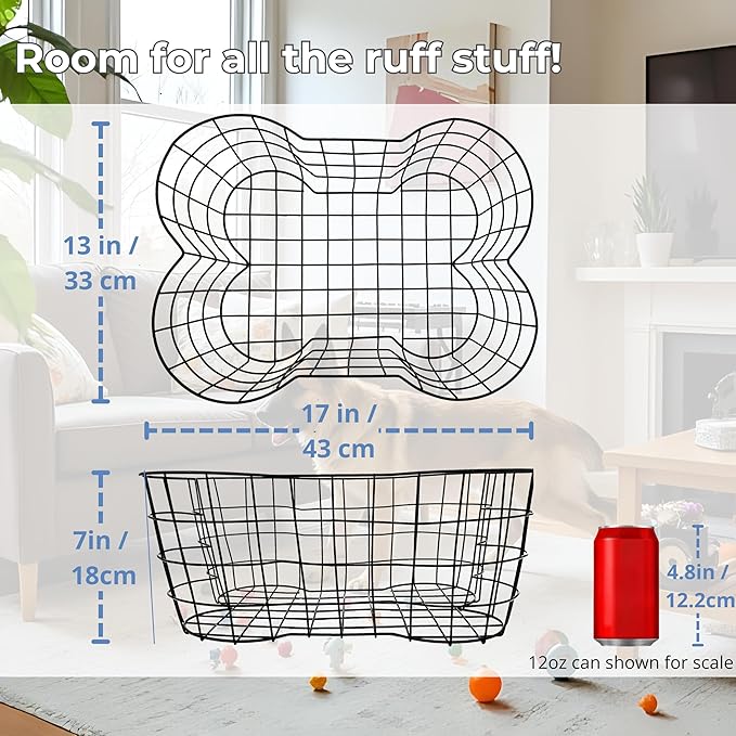 Metal Dog Toy Basket, Bone Shaped Indestructible Dog Toy Bin, Sturdy Dog Storage Organizer, Pet Toy Basket, 17 (L) x 13 (W) x 7 (H) inches