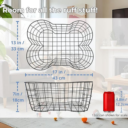 Metal Dog Toy Basket, Bone Shaped Indestructible Dog Toy Bin, Sturdy Dog Storage Organizer, Pet Toy Basket, 17 (L) x 13 (W) x 7 (H) inches