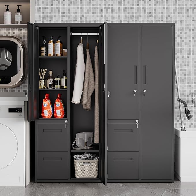 Metal Storage Cabinets Locker, 67" Locker with Clothes Rod, Lockable Freestanding Wardrobe for Office, Home, School, Laundry Room, Gym (Black)