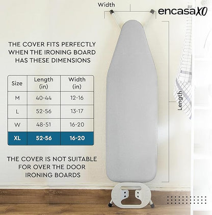 Encasa XO Ironing Board Cover and Pad 54"x18" - 4mm Felt & 2mm Foam Metallized Silver Iron Board Cover with Padding - Heat & Scorch Resistant, Non Slip, Bungee Elasticated, 3 Fasteners Silver Luxury