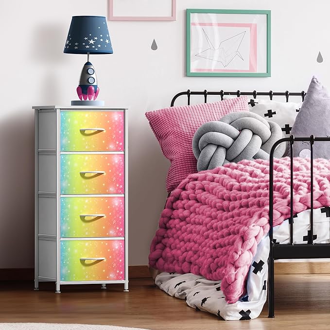 Sorbus Kids Dresser with 4 Drawers - Storage Chest Organizer Nightstand - Steel Frame, Wood Top, Tie-Dye Fabric Bins for Clothes - Wide Furniture for Bedroom, Hallway, Nursery, Closet, & Apartment