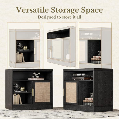 File Cabinet with Sliding Door, 32'' Rattan Office Cabinet with Open Adjustable Storage Shelves, Wood Filing Cabinet for Home Office, Black