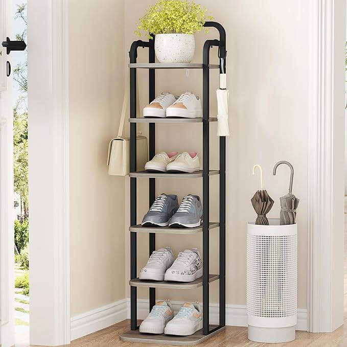6 Tiers Vertical Shoe Rack, Narrow Shoe Tower, Tall Shoes Shelf with 2 Hooks, Adjustable Shelves, Corner Shoes Shelves for Small Spaces, Entryway, Living Room, Greige, SR04205B