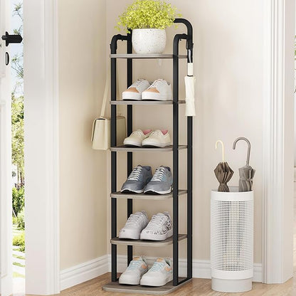 6 Tiers Vertical Shoe Rack, Narrow Shoe Tower, Tall Shoes Shelf with 2 Hooks, Adjustable Shelves, Corner Shoes Shelves for Small Spaces, Entryway, Living Room, Greige, SR04205B