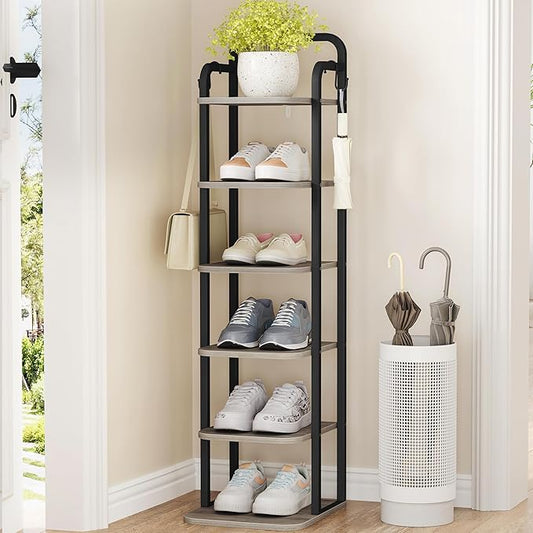 6 Tiers Vertical Shoe Rack, Narrow Shoe Tower, Tall Shoes Shelf with 2 Hooks, Adjustable Shelves, Corner Shoes Shelves for Small Spaces, Entryway, Living Room, Greige, SR04205B