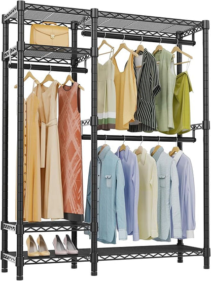 VIPEK V2 Heavy Duty Clothes Rack, Portable Metal Clothing Racks with 4 Tiers Adjustable Wire Shelving & 3 Hanging Rods, Freestanding Wardrobe Portable Closet Rack, Max Load 700LBS, Black