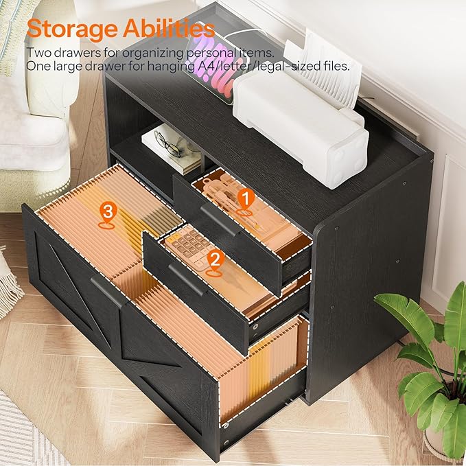 HOOBRO Lateral File Cabinet, Wooden Office Storage Drawers with Charging Station, Filing Cabinet for Home Office, A4/Letter/Legal-Sized Files, Printer Stand with Open Storage Spaces, Black BB37UWJ01