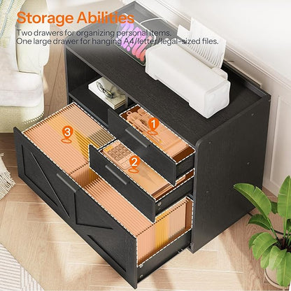 HOOBRO Lateral File Cabinet, Wooden Office Storage Drawers with Charging Station, Filing Cabinet for Home Office, A4/Letter/Legal-Sized Files, Printer Stand with Open Storage Spaces, Black BB37UWJ01