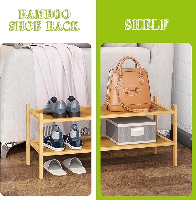 BMOSU 2-Tier Bamboo Shoe Rack Premium Stackable Shoe Shelf Storage Organizer for Hallway Closet Living Room Entryway Organizer(Natural)