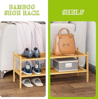BMOSU 2-Tier Bamboo Shoe Rack Premium Stackable Shoe Shelf Storage Organizer for Hallway Closet Living Room Entryway Organizer(Natural)