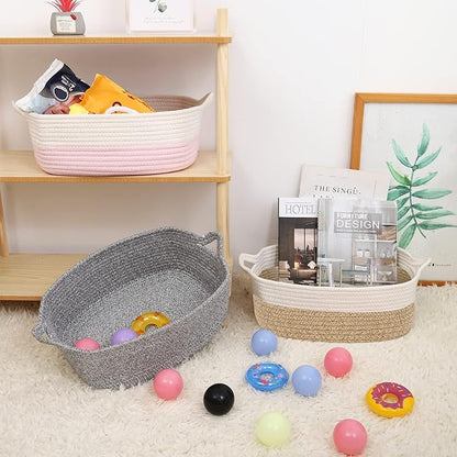 ABenkle Small Storage Basket with Handles, Cotton Rope Woven Dog Cat Toy Bin, Decorative Shelves Closet Organizing for Nursery Laundry Bedroom Bathroom, 14.2''x 11''x 5.1''
