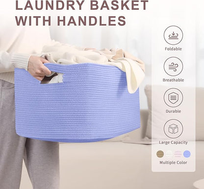 72L Large Baby Girls Laundry Basket for Nursery Storage,Cute Woven cotton Rope Baskets for Kids Toy，Gifts, Boho Square Wicker Blanket hamper for Living Room,Bedroom Dirty Clothes,Blue Purple