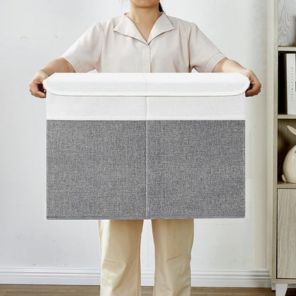 Large Toy Storage Box with Lids, Collapsible Sturdy Baby Storage Organizer Chest Bin Basket for Kids, Boys, Girls, Playroom, Nursery, Bedroom, Closet 25"x13"x16" (Gray and White)
