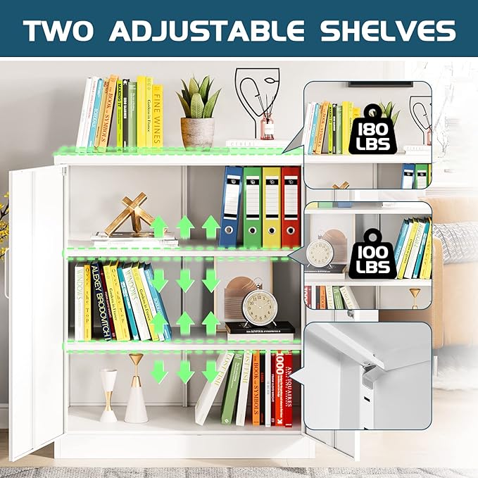 MIIIKO Metal Storage Cabinet with Locking Doors, 2-Door Locker with 2 Shelves, White Metal Cabinet with Lock for Home Office, Garage, Utility Room, Kitchen and School