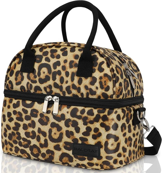 BALORAY Lunch Bag for Women Men, Double Deck Lunch Box for Adults, PU Leather Lunch Tote Bag Insulated Lunch Bags with Strap for Work Office Picnic (leopard with strap)