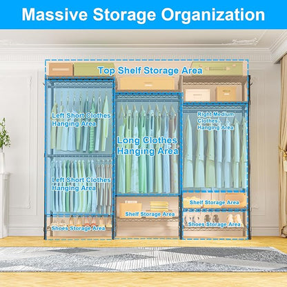 Ulif E13 Heavy Duty Clothes Rack（With 4 Hanger Rods & 8 Shelves） Freestanding Clothing Racks for Hanging Clothes，Adjustable Closet Organizer，Metal Garment Rack 63" W x16 D x77 H，Max Load 900LBS，Black