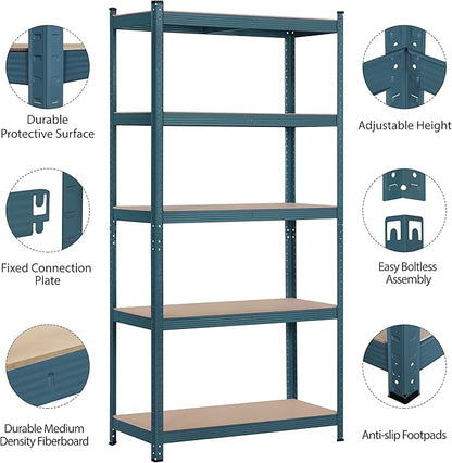 Topeakmart 5-Tier Utility Shelves, Metal Storage Shelves Garage Shelving Unit Adjustable Garage Storage Shelves Storage Racks Heavy Duty Shed Shelving- Neptune Blue, 35.5 x 16 x 71 Inch