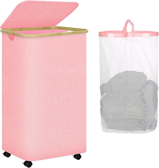 Pink Hamper with Wheels - 100L Large Laundry Hamper with Lid, Rolling Hamper on Wheels, Collapsible Laundry Basket with Removable Mesh Bag and Bamboo Handle for Easy Carrying