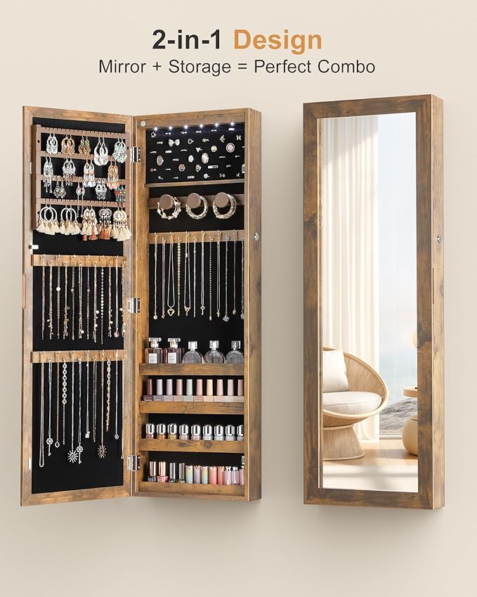 Nicetree 6 LEDs Mirror Jewelry Cabinet with 3 Improvements, 4.2" D Door/Wall Mounted Jewelry Armoire with Full Length Mirror, Larger Capacity, Rustic Brown