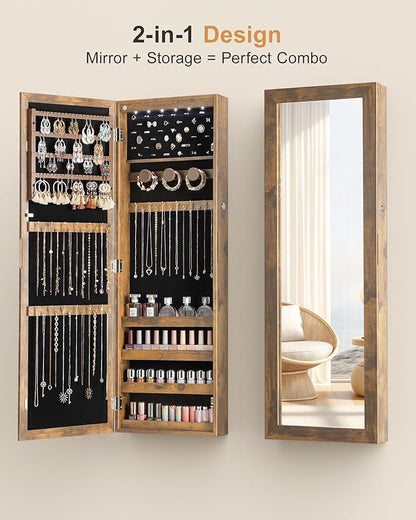 Nicetree 6 LEDs Mirror Jewelry Cabinet with 3 Improvements, 4.2" D Door/Wall Mounted Jewelry Armoire with Full Length Mirror, Larger Capacity, Rustic Brown