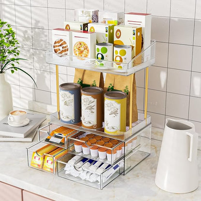 SNSLXH 4 Drawers Makeup Organizer - 4 Tier Makeup Storage, Cosmetics Organiser, Ideal for Cosmetic, with Drawers for Countertop, Bathroom, Office Supplies, Dresser Transparent Clear