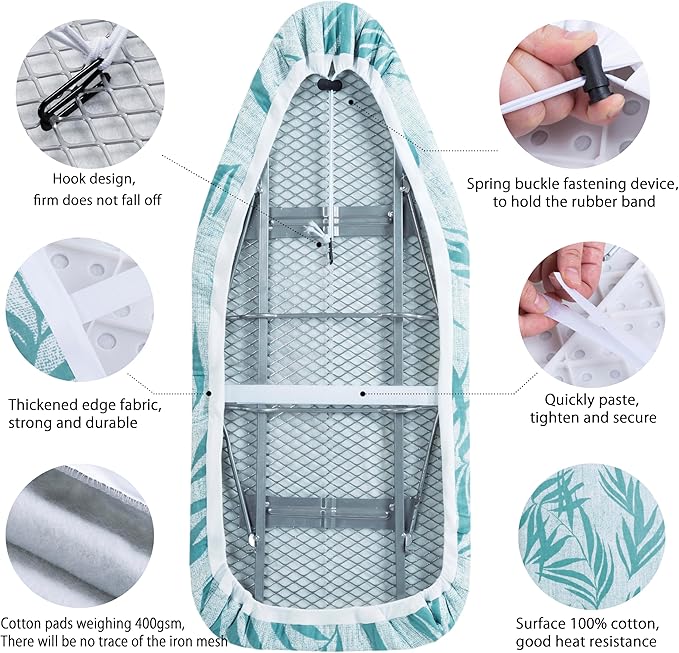 Small Ironing Board Cover Scorch Resistant, Cotton Iron Cover with Padding Heat Reflective Heavy Duty Pad … (Green Leaves, 12.5"x32")