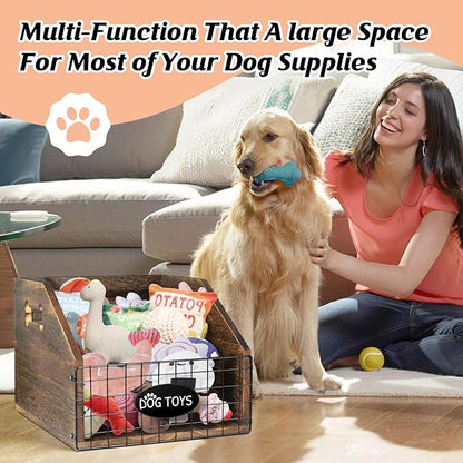 Dog Toy Bin - Large Wooden Toy Chest with Handle - Organizer for Puppy Leash, Blanket, Food, Accessories, Gift