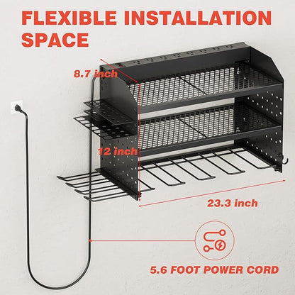 Power Tool Organizer Wall Mount with Charging Station, 8 Outlet Heavy Duty Metal Garage Tool Storage Rack, 23 Inch 3 Tier Shelves for Workshop & Garage Organization