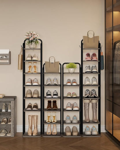 8 Tiers Vertical Shoe Rack, Narrow Shoe Tower, Tall Shoes Shelf with 2 Hooks, Adjustable Shelves, Corner Shoes Shelves for Small Spaces, Entryway, Living Room, Greige SR04305B