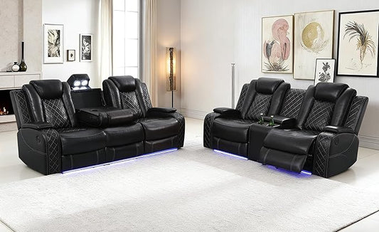 Living Room Furniture Sets, Power Reclining Sofa and Lovseat Set with Reading Light, Leather Recliner Couch Sets, Power Recliner Sofa with LED Storage Console/Cup Holder for Home/Apt/Office